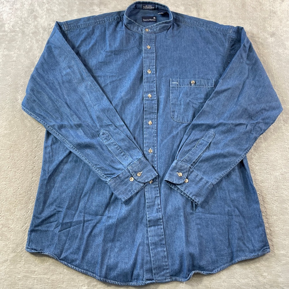 Vintage Stanley Blacker Shirt Mens 16 34/35 Blue Denim Band Collar Button Pocket